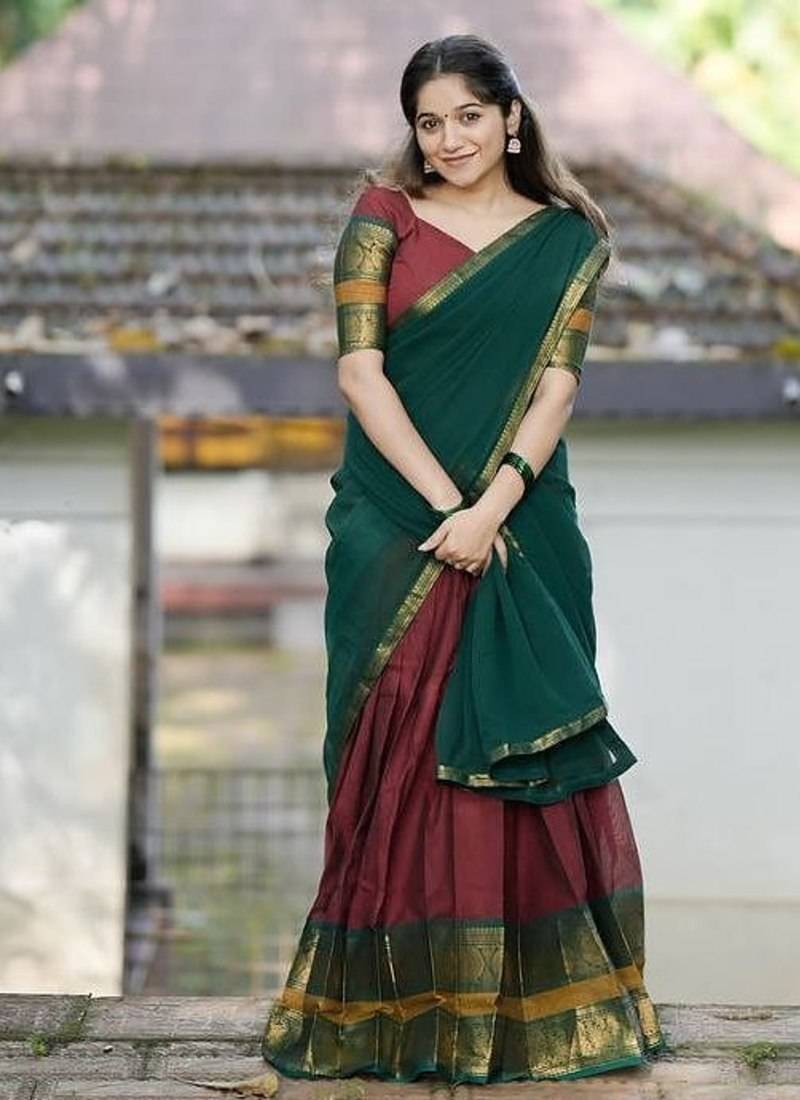 Maroon Kanjivaram Silk Half Saree – Traditional Zari Weaving Langa Voni Set For Women's