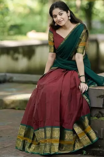 Maroon Kanjivaram Silk Half Saree – Traditional Zari Weaving Langa Voni Set For Women's