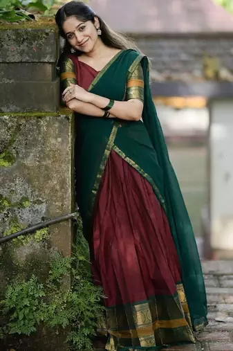 Maroon Kanjivaram Silk Half Saree – Traditional Zari Weaving Langa Voni Set For Women's