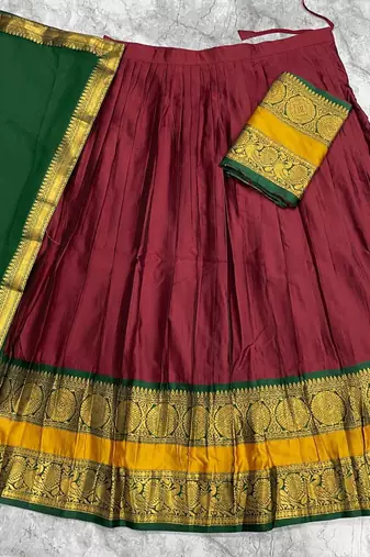 Maroon Kanjivaram Silk Half Saree – Traditional Zari Weaving Langa Voni Set For Women's