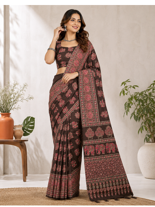 Brown Color Ajrakh Print With Mirror Work And Latkan Japan Satin Saree 1