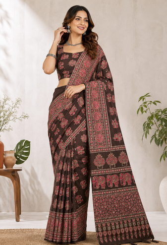 Brown Color Ajrakh Print With Mirror Work And Latkan Japan Satin Saree
