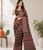 Brown Color Ajrakh Print With Mirror Work And Latkan Japan Satin Saree