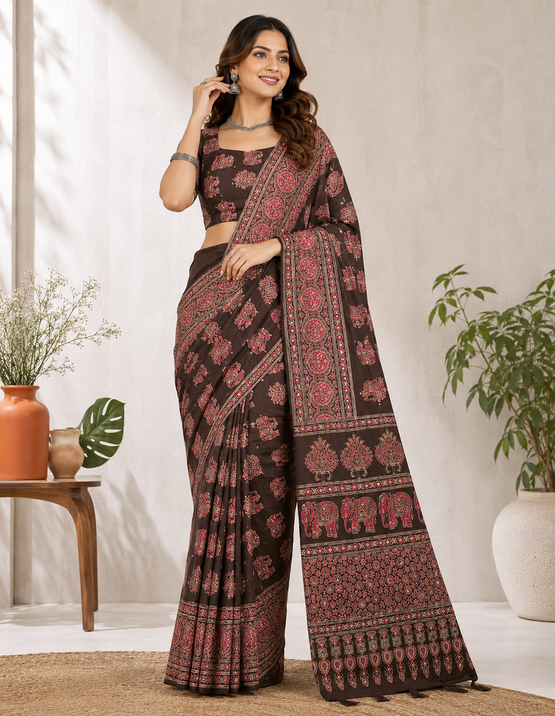 Brown Color Ajrakh Print With Mirror Work And Latkan Japan Satin Saree