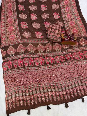 Brown Color Ajrakh Print With Mirror Work And Latkan Japan Satin Saree 2