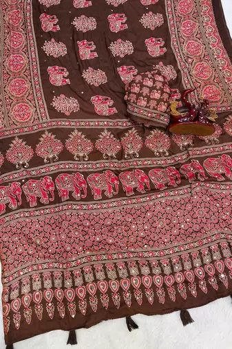 Brown Color Ajrakh Print With Mirror Work And Latkan Japan Satin Saree