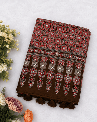 Brown Color Ajrakh Print With Mirror Work And Latkan Japan Satin Saree 3