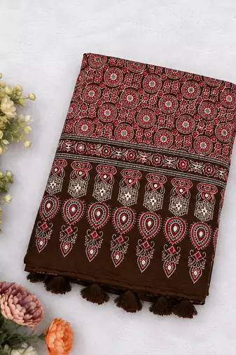 Brown Color Ajrakh Print With Mirror Work And Latkan Japan Satin Saree