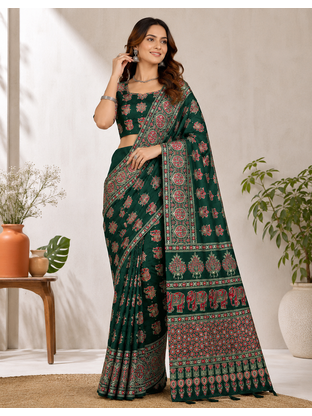 Dark Green Color Ajrakh Print With Mirror Work And Latkan Japan Satin Saree 1