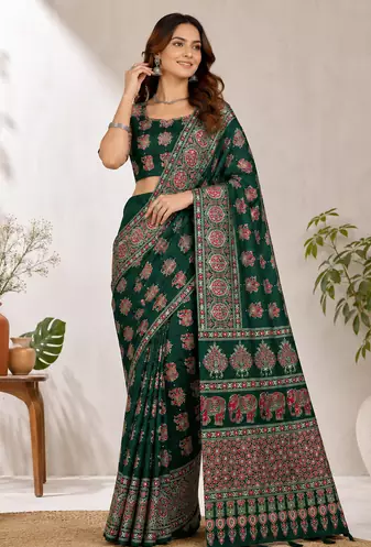 Dark Green Color Ajrakh Print With Mirror Work And Latkan Japan Satin Saree
