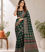 Dark Green Color Ajrakh Print With Mirror Work And Latkan Japan Satin Saree