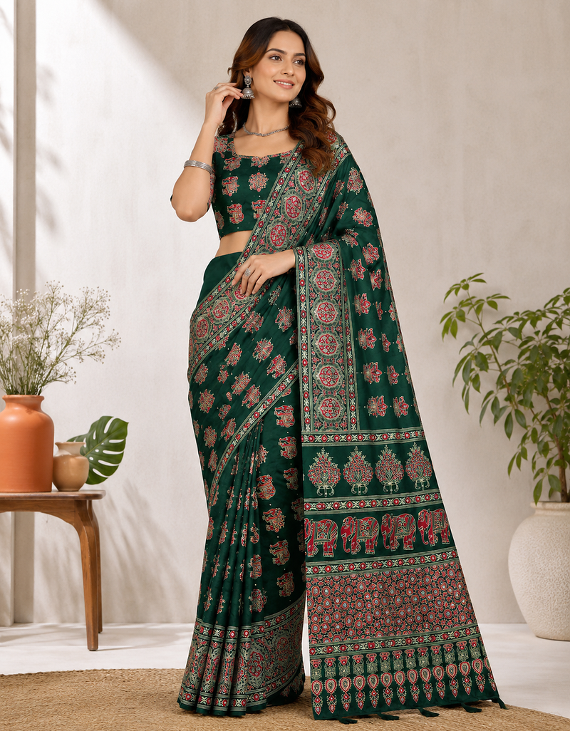 Dark Green Color Ajrakh Print With Mirror Work And Latkan Japan Satin Saree