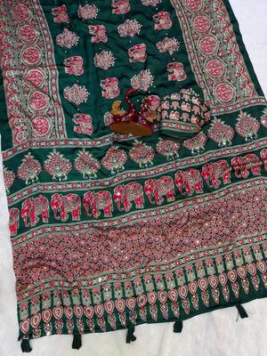Dark Green Color Ajrakh Print With Mirror Work And Latkan Japan Satin Saree 2