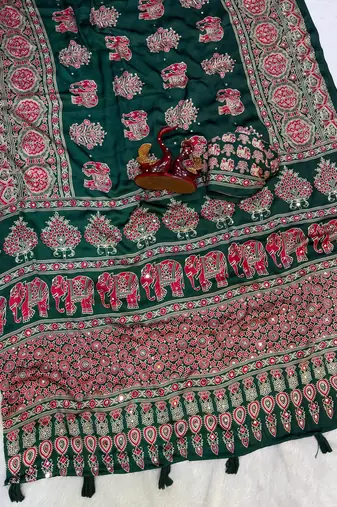 Dark Green Color Ajrakh Print With Mirror Work And Latkan Japan Satin Saree