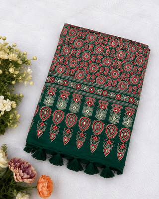 Dark Green Color Ajrakh Print With Mirror Work And Latkan Japan Satin Saree 3
