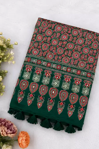 Dark Green Color Ajrakh Print With Mirror Work And Latkan Japan Satin Saree