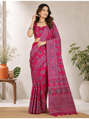 Light Pink Color Ajarakh Print With Mirror Work And Latkan Japan Satin Saree 1