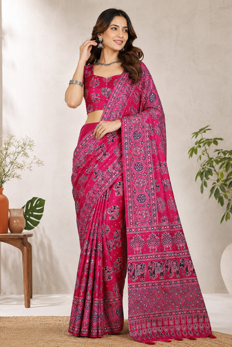 Light Pink Color Ajarakh Print With Mirror Work And Latkan Japan Satin Saree
