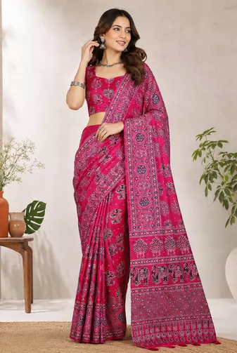 Light Pink Color Ajarakh Print With Mirror Work And Latkan Japan Satin Saree
