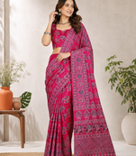 Light Pink Color Ajarakh Print With Mirror Work And Latkan Japan Satin Saree