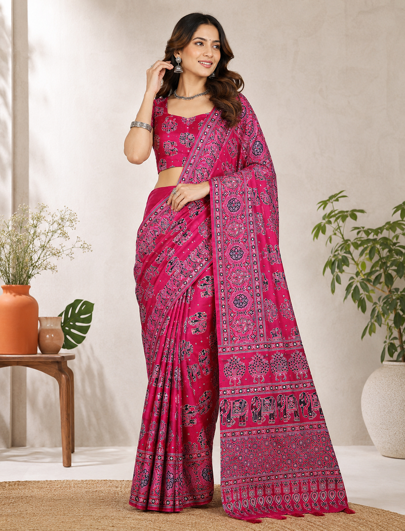 Light Pink Color Ajarakh Print With Mirror Work And Latkan Japan Satin Saree
