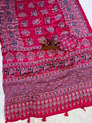Light Pink Color Ajarakh Print With Mirror Work And Latkan Japan Satin Saree 2