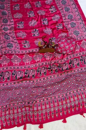 Light Pink Color Ajarakh Print With Mirror Work And Latkan Japan Satin Saree