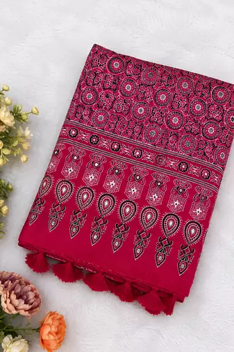 Light Pink Color Ajarakh Print With Mirror Work And Latkan Japan Satin Saree