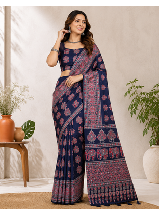 Neavy Blue Color Ajrakh Print With Mirror Work And Latkan Japan Satin Saree 1