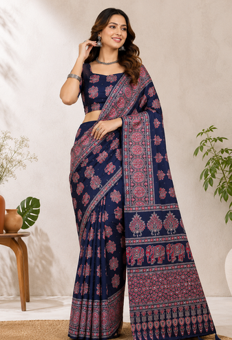 Neavy Blue Color Ajrakh Print With Mirror Work And Latkan Japan Satin Saree