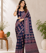 Neavy Blue Color Ajrakh Print With Mirror Work And Latkan Japan Satin Saree