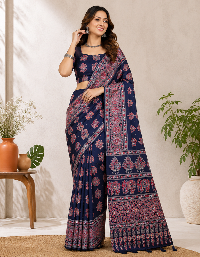 Neavy Blue Color Ajrakh Print With Mirror Work And Latkan Japan Satin Saree