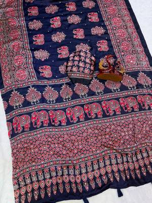 Neavy Blue Color Ajrakh Print With Mirror Work And Latkan Japan Satin Saree 2