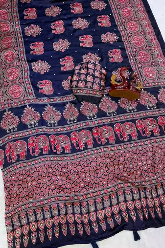 Neavy Blue Color Ajrakh Print With Mirror Work And Latkan Japan Satin Saree