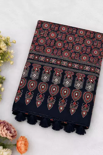 Neavy Blue Color Ajrakh Print With Mirror Work And Latkan Japan Satin Saree