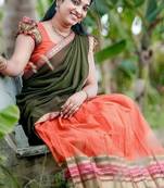 Orange Kanjivaram Silk Half Saree – Traditional Zari Weaving Langa Voni Set For Women's