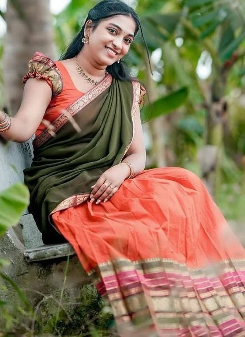 Orange Kanjivaram Silk Half Saree – Traditional Zari Weaving Langa Voni Set For Women's