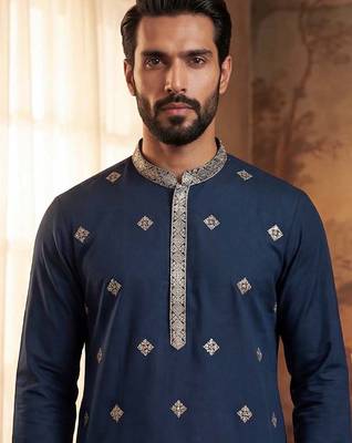 Mens silk blend blue solid embroidered calf length straight kurta 3