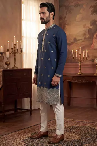 Mens silk blend blue solid embroidered calf length straight kurta