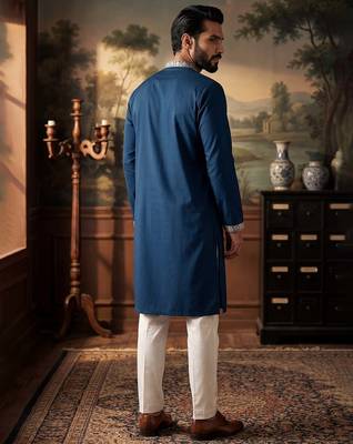 Mens silk blend blue solid embroidered calf length straight kurta 5