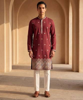 Mens silk blend maroon solid embroidered calf length straight kurta 3