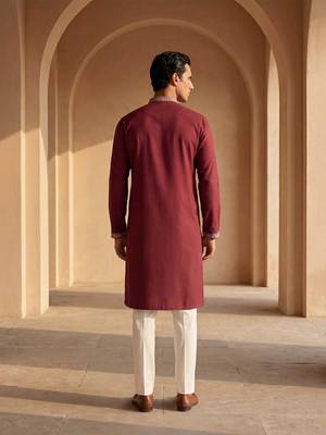 Mens silk blend maroon solid embroidered calf length straight kurta 4