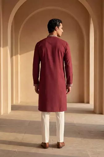 Mens silk blend maroon solid embroidered calf length straight kurta