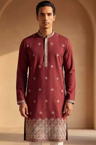 Mens silk blend maroon solid embroidered calf length straight kurta