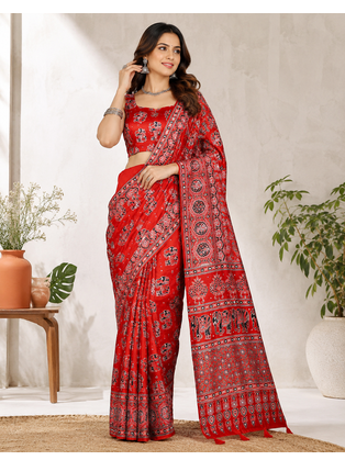 Red Color Ajrakh Print With Mirror Work And Latkan Japan Satin Saree 1