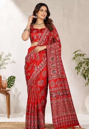 Red Color Ajrakh Print With Mirror Work And Latkan Japan Satin Saree