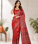 Red Color Ajrakh Print With Mirror Work And Latkan Japan Satin Saree