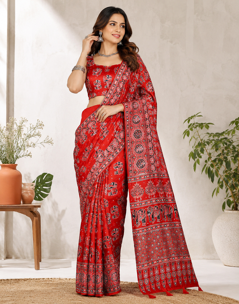 Red Color Ajrakh Print With Mirror Work And Latkan Japan Satin Saree