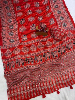 Red Color Ajrakh Print With Mirror Work And Latkan Japan Satin Saree 2
