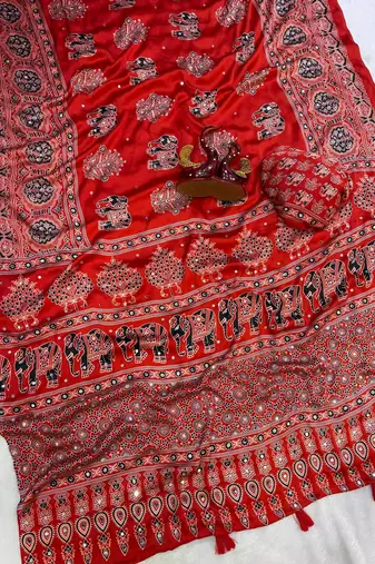 Red Color Ajrakh Print With Mirror Work And Latkan Japan Satin Saree